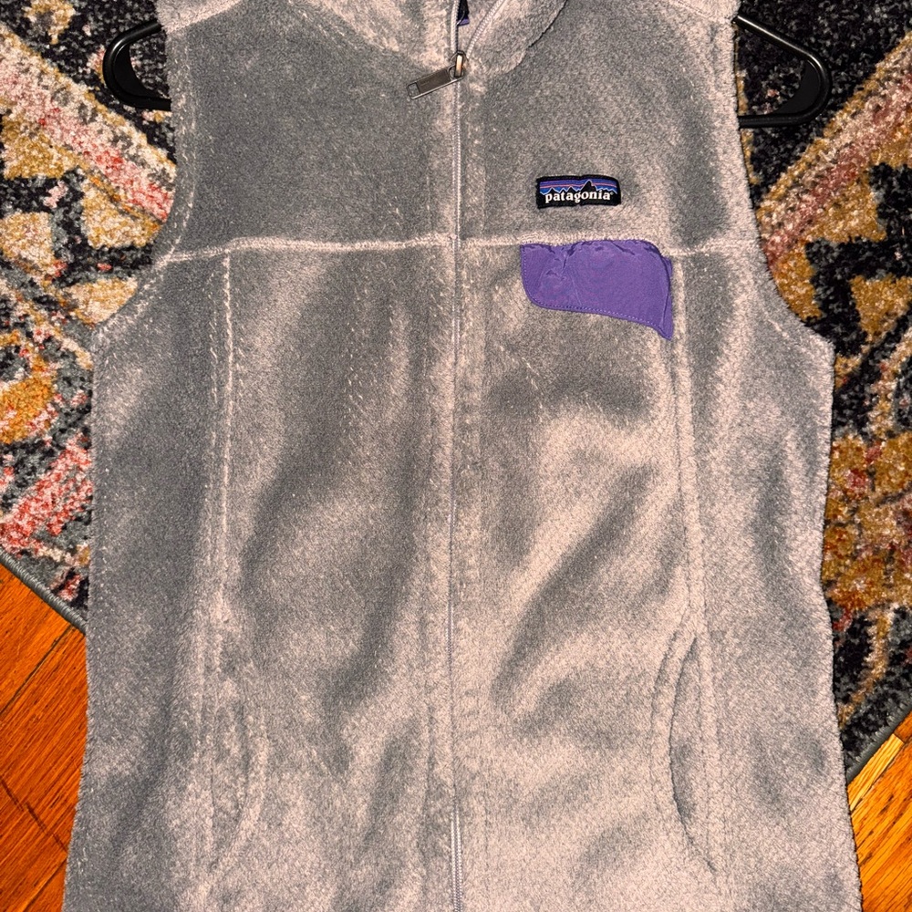 Patagonia Gray Fleece Vest with Purple Trim